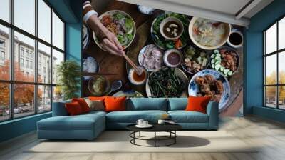 Close view of traditional vietnamese meal chicken vegetable pork and rice decorated in wooden background  Wall mural