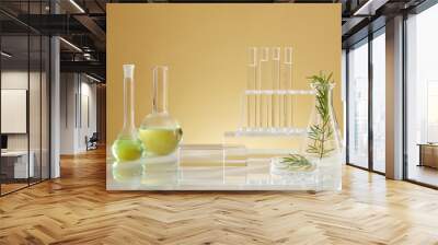 Front view of transparent podium with laboratory equipment and green leaf in beige background science content Wall mural