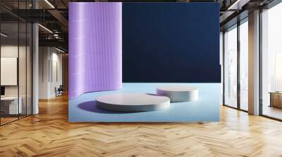 Front view of two round empty podiums on dark background. Purple paper folds form a soft undulating wall. Minimal abstract background for display product. Wall mural