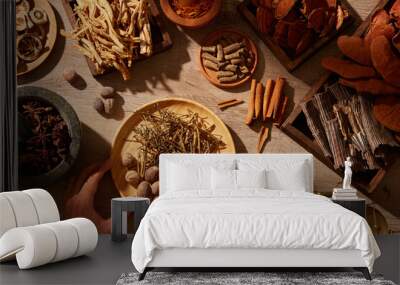 traditional chinese medicine with herb and spices in brown wooden background mortar and pestile , fo Wall mural