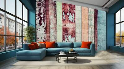 Old colourful wooden plank background with color peel off Wall mural