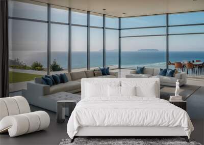 Luxury architecture, ocean front property landscape. Modern living room interior design with sleek contemporary designer furniture, minimalist decor large windows, panoramic coastal view background. Wall mural