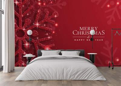 Christmas background with shining red snowflakes and snow. Merry Christmas card illustration on red background. Sparkling red snowflakes with glitter texture Wall mural