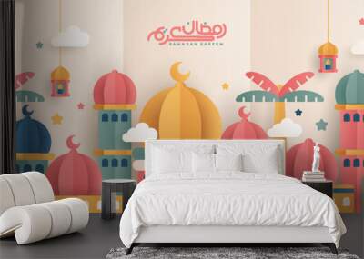 Islamic Ramadan Kareem banner paper cut design and colorful style. Features images of mosques, moons, domes and lanterns. Minimalist illustration. Wall mural