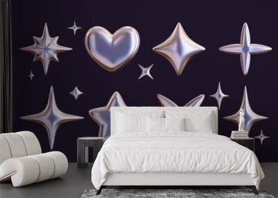 Set of 3D shapes in chrome, including a silver liquid star and a glossy heart sticker in a futuristic metal style. 3D chrome art at its finest. Wall mural