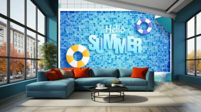 Summer vector banner design on swimming pool background with floating elements like leaves and beach ball for summer vacation vacation. Vector illustration Wall mural