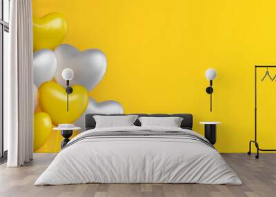 Welcome design in national shiny yellow and white colors with realistic flying heart shaped helium balloons. Celebration background, festival, welcome banner, card and poster. Wall mural