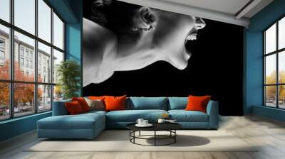 angry nude girl screaming on black background, monochrome Wall mural