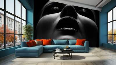 luxury beautiful female face with professional makeup on black background, monochrome Wall mural