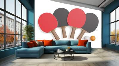 Red and black rackets for table tennis with white and orange ball isolated on white background. Ping pong sports equipment. 3d illustration. Wall mural