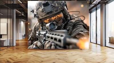 A futuristic soldier in advanced combat armor stands amidst a laser filled battleground wielding a powerful plasma rifle as they engage in a high tech intense military conflict of the future Wall mural