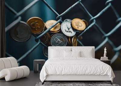 A stack of metal coins seen through a chain link fence symbolizing financial security wealth and growth  The image represents the concept of investment savings Wall mural