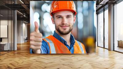 A young male construction worker in a hardhat and safety vest giving a confident thumbs up gesture at a futuristic technology driven job site conveying a sense of progress innovation Wall mural