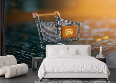 Glowing Shopping Cart Icon on a Digital Interface Representing Futuristic Online Shopping Trends and E Commerce Technology Wall mural