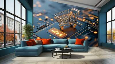 Glowing shopping cart icon on a futuristic digital interface with a purchase button symbolizing the growing trends and technology in online shopping and e commerce  Front view design with a robotic Wall mural