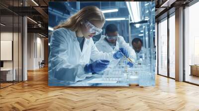 Group of professional scientists working together in a state of the art research laboratory performing scientific experiments and analysis using advanced equipment and technology to drive innovation Wall mural