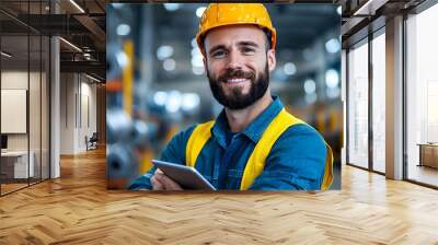 Industrial worker in safety uniform using a tablet device while inspecting the and inventory of a metal warehouse or factory facility Wall mural