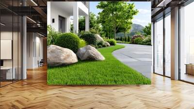 Minimalist urban garden featuring large rocks vibrant green grass and geometric hedges within a clean white walled space for a modern calming aesthetic Wall mural