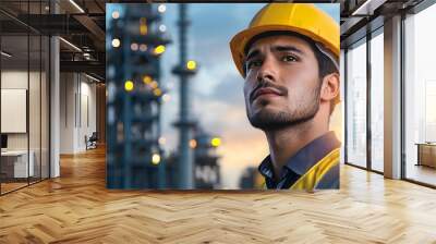 Portrait of a senior engineer in protective gear standing in front of an industrial plant at dusk  The banner design highlights the industry and safety aspects of the scene Wall mural