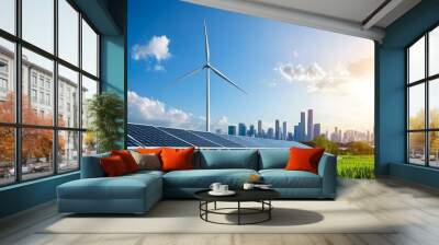 Renewable energy solutions for smart and eco friendly cities of the future featuring a modern city skyline with wind turbines and solar panels against a blue sky Wall mural