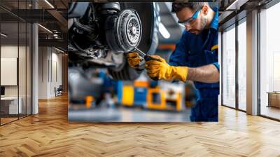 Skilled mechanic focused on repairing a car s suspension system using a power tool in a futuristic looking garage Wall mural