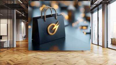 Striking Glossy Black 3D Percent Symbol with Transparent Shopping Bags and Glowing Yellow Lightning Bolts  Conceptual image representing online shopping e commerce sales Wall mural