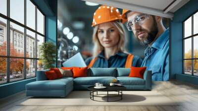 Two professional engineers a man and a woman standing by heavy industrial machinery and equipment Wall mural