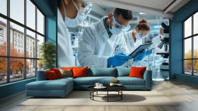 Two scientists in white lab coats working together examining samples and conducting research in a modern medical laboratory setting with scientific equipment such as a microscope Wall mural