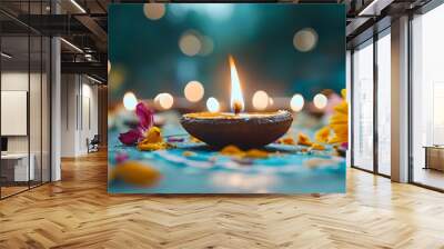 Vibrant Diwali with a stunning display of fireworks illuminating the night sky surrounded by traditional homes decorated with oil lamps and flowers as well as a colorful rangoli pattern on the ground Wall mural