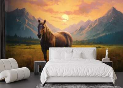 Painting powerful horses among sunset meadows. Wall mural