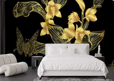 Cymbidium orchids pattern by hand drawing.Gold flower vector on red background.Gold orchids seamless for wallpaper or batik batik cloth. Wall mural