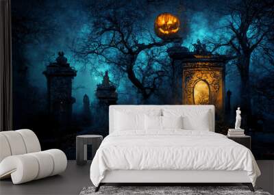 Door to cemetery with jack o lantern. realistic halloween festival illustration. Halloween night pictures for wall paper or computer screen. Wall mural