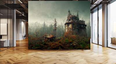 illustration of a witch's abandoned village with pumpkins.realistic halloween festival illustration. Halloween night pictures for wall paper. 3D illustration. Use digital paint blurring techniques. Wall mural