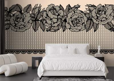 Rose vector lace seamless pattern by hand drawing.Beautiful flower on brown background.Rose lace art highly detailed in line art style.Flower tattoo on vintage paper. Wall mural