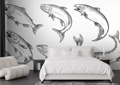 Salmon art highly detailed in line art style.Fish vector by hand drawing.Fish tattoo on white background.Black and white fish vector on white background.Salmon fish sketch for coloring book. Wall mural