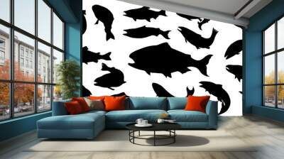 Set of salmon silhouette in line art style.Fish vector by hand drawing.Fish tattoo on white background.Black and white fish vector on white background.Salmon fish sketch for coloring book. Wall mural