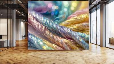 3D render holographic chrome Y2K element. Liquid metal, shiny bunch of colorful strings with glitter on them. The colors are pink, blue, yellow, and green Wall mural