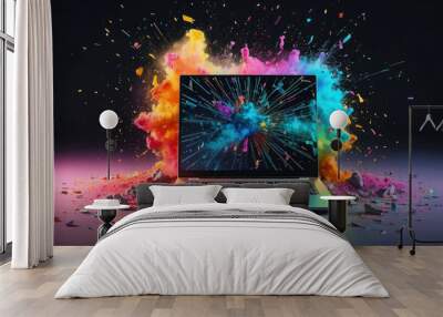 A bright image for advertising equipment repair, banner. Laptop with an exploding screen on a dark background, flying glass fragments and neon multi-colored dust. Wall mural