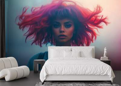 Beautiful girl with developing red hair on a gradient pastel background. Wall mural