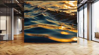 The water is calm, the sun is setting, a beautiful and serene atmosphere. The water reflects the sun's rays, creating a shimmering effect. Wall mural