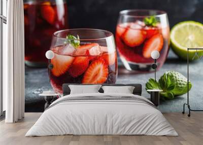 two wide low glasses with strawberry sangria decorated with strawberry slices and mint leaves, lime, Wall mural