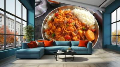 A plate of rice with a tomato-based stew and meat. Wall mural