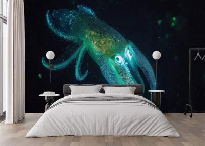 Glowing bioluminescent vampire squid in deep ocean Wall mural