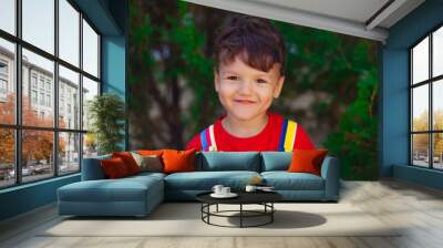 A happy child looks into the camera. bright and colorful portrait of a brave boy in a red T-shirt on a green background of nature and the park Wall mural