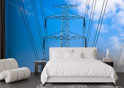 the electricity transmission pylon silhouetted against blue sky Wall mural