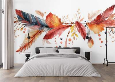 Watercolor boho feathers with beads and leaves. Perfect for invitations, cards, and more. Wall mural