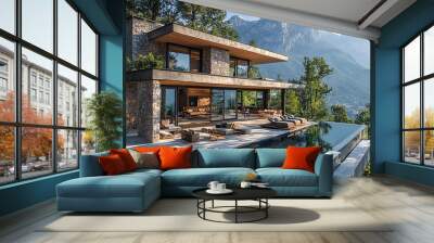 A contemporary house built into a mountain with large, open-air terraces offering uninterrupted views of the surrounding peaks Wall mural