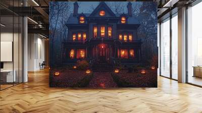 A creepy Victorian mansion decorated for Halloween, with cobwebs and glowing eyes in the windows Wall mural