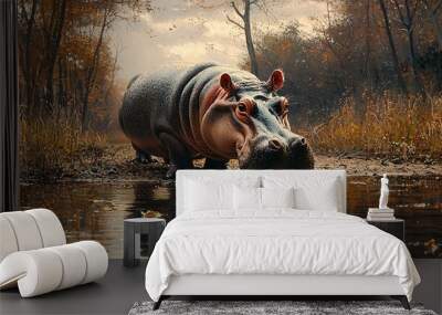 A dwarf hippo exploring the edge of a riverbank, with reflections of trees and sky in the water Wall mural