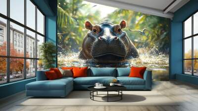 A dwarf hippo playing in the water as birds fly overhead in a tropical forest setting Wall mural